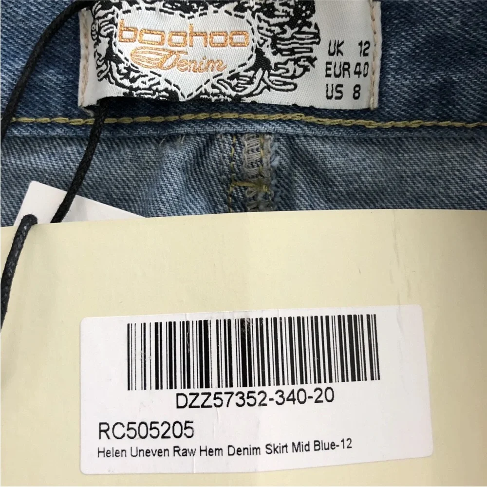 Boohoo Denim Mini Skirt SIZE 8 Destroyed Detail Uneven Raw Hem Medium Wash NWT